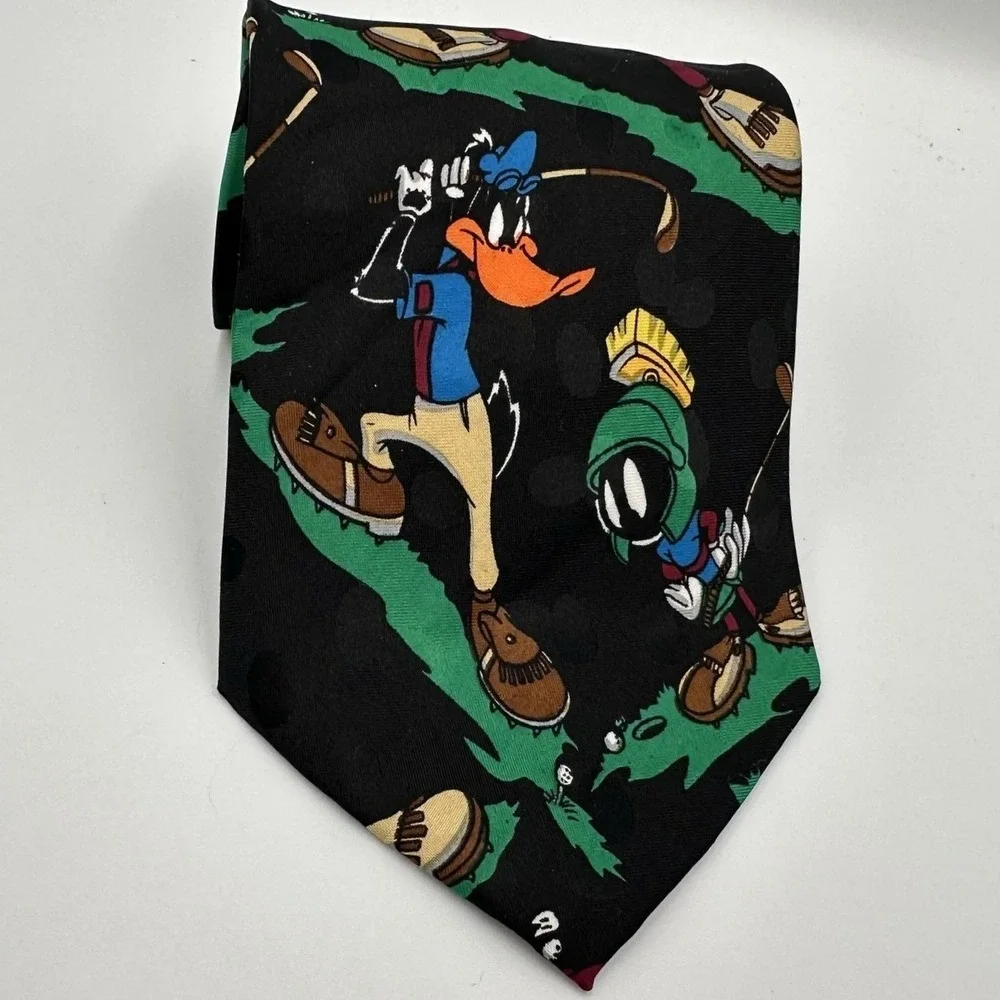 Vintage Looney Tunes Mania Tie Black Daffy Bugs Taz‎ Golf Cartoon 90s Polyester